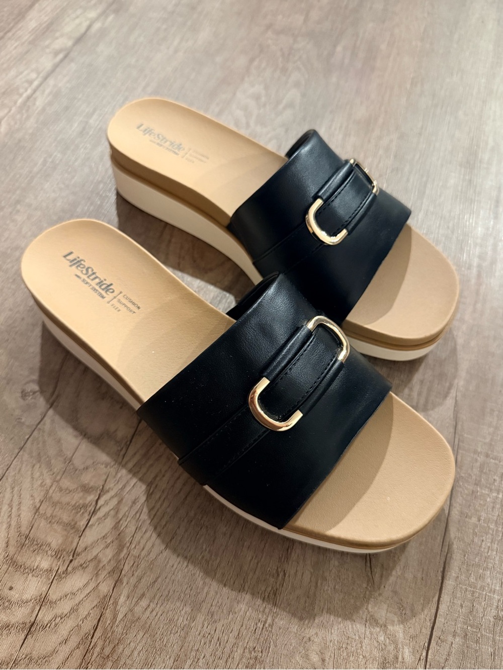 Life Stride Black Slide Sandals with Gold Buckle